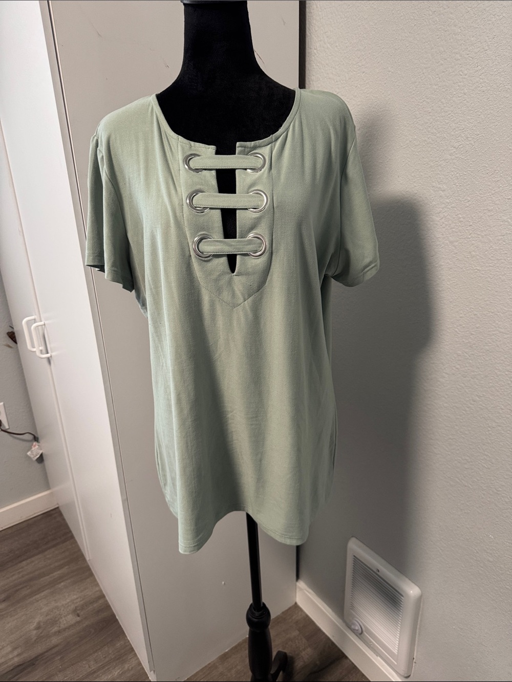 Daytrip Sage Green Short Sleeve Lace-Up Front Tee
